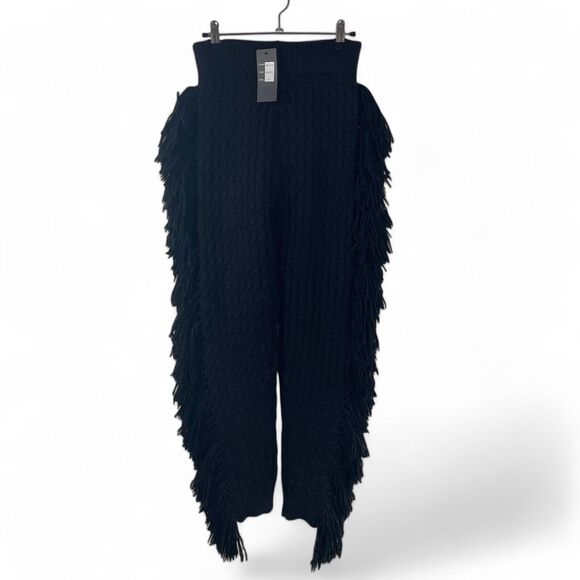 Black Cable Knit Fringe Pants Leggings Sz S Warm Stretch Whimsigoth Dark Fairy - Picture 1 of 8